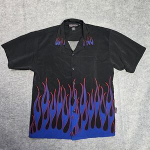 Sapphire Lounge Blue Flame Shirt Mens Medium Black Bowling Camp Collar Button Up